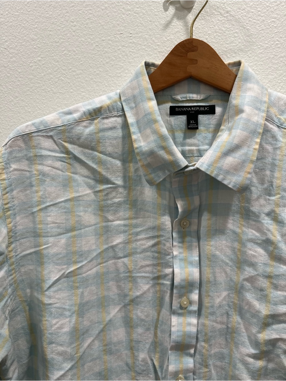 Banana Republic Men’s Light Blue & Yellow Plaid Button-Up Shirt Linen Blend b